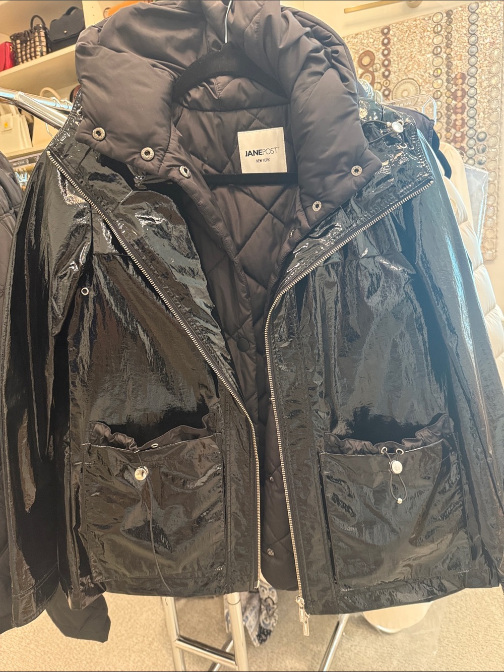 Jane Post Black Glossy Hooded Puffer Jacket